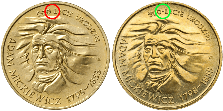 Porównanie monety 2 zł Mickiewicz 1998: destrukt bez myślnika oraz moneta wybita prawidłowo