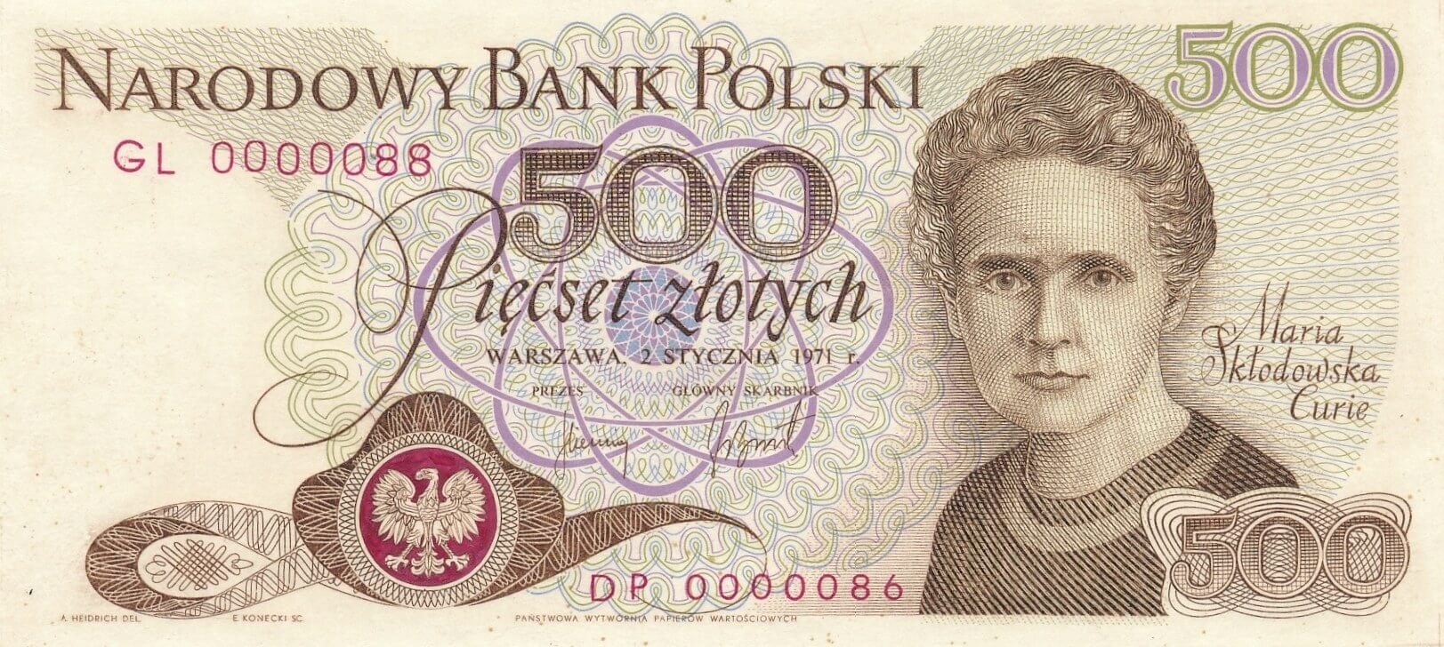 projekt banknotu 500 złotych 1971 Skłodowska