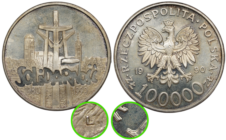 Srebrna moneta Solidarność - typ A - awers i rewers