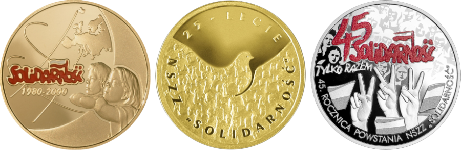 złote i srebrne monety z motywem Solidarności