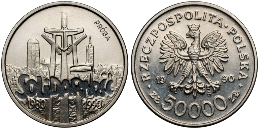 moneta próbna o nominale 50000 złotych 1990 - rewers i awers