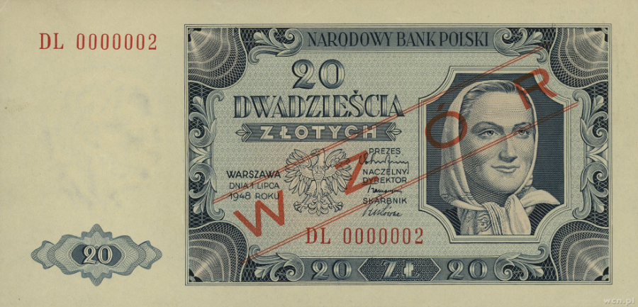 Banknot 20 zł 1948 z czerwonym napisem WZÓR