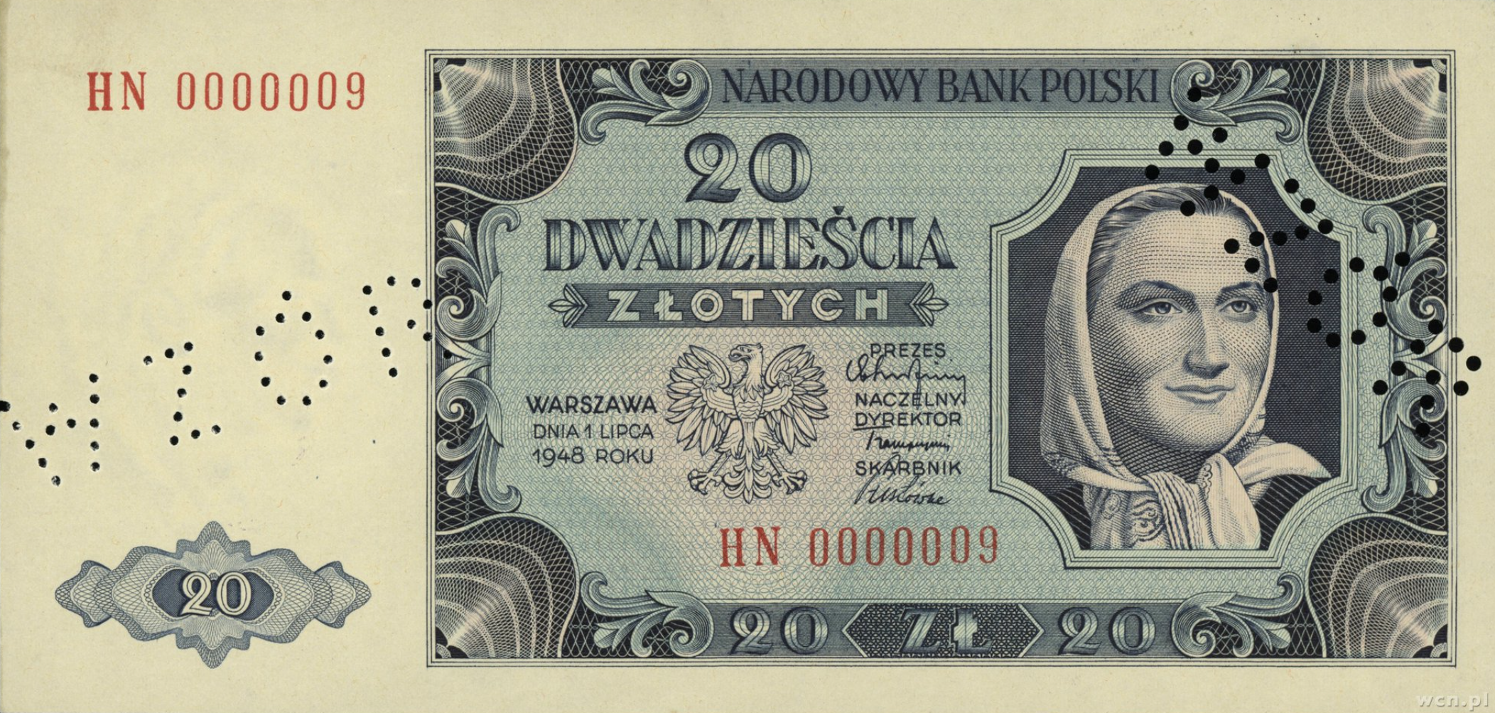 Banknot 20 zł 1948 - podwójna perforacja