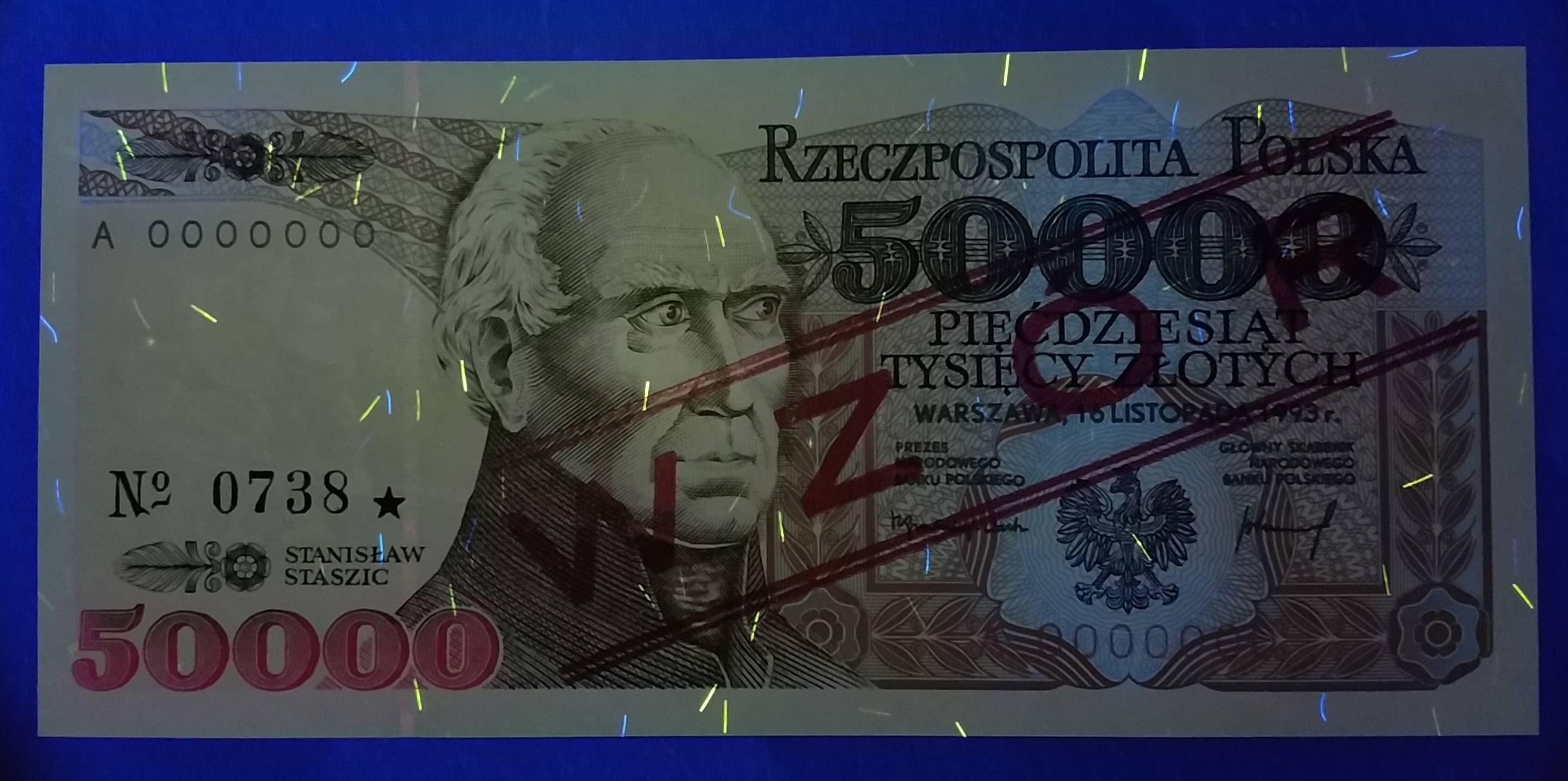 Wzór 50.000 zł 1993 - seria A - światło UV