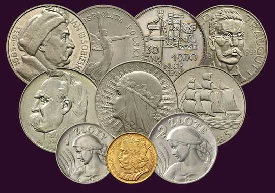 prezentacja niemieckich, rosyjskich i amerykańskich monet