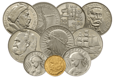 Zbiór srebrnych monet z okresu międzywojennego