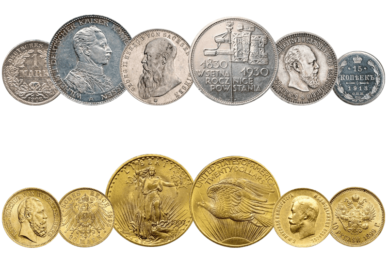 prezentacja niemieckich, rosyjskich i amerykańskich monet